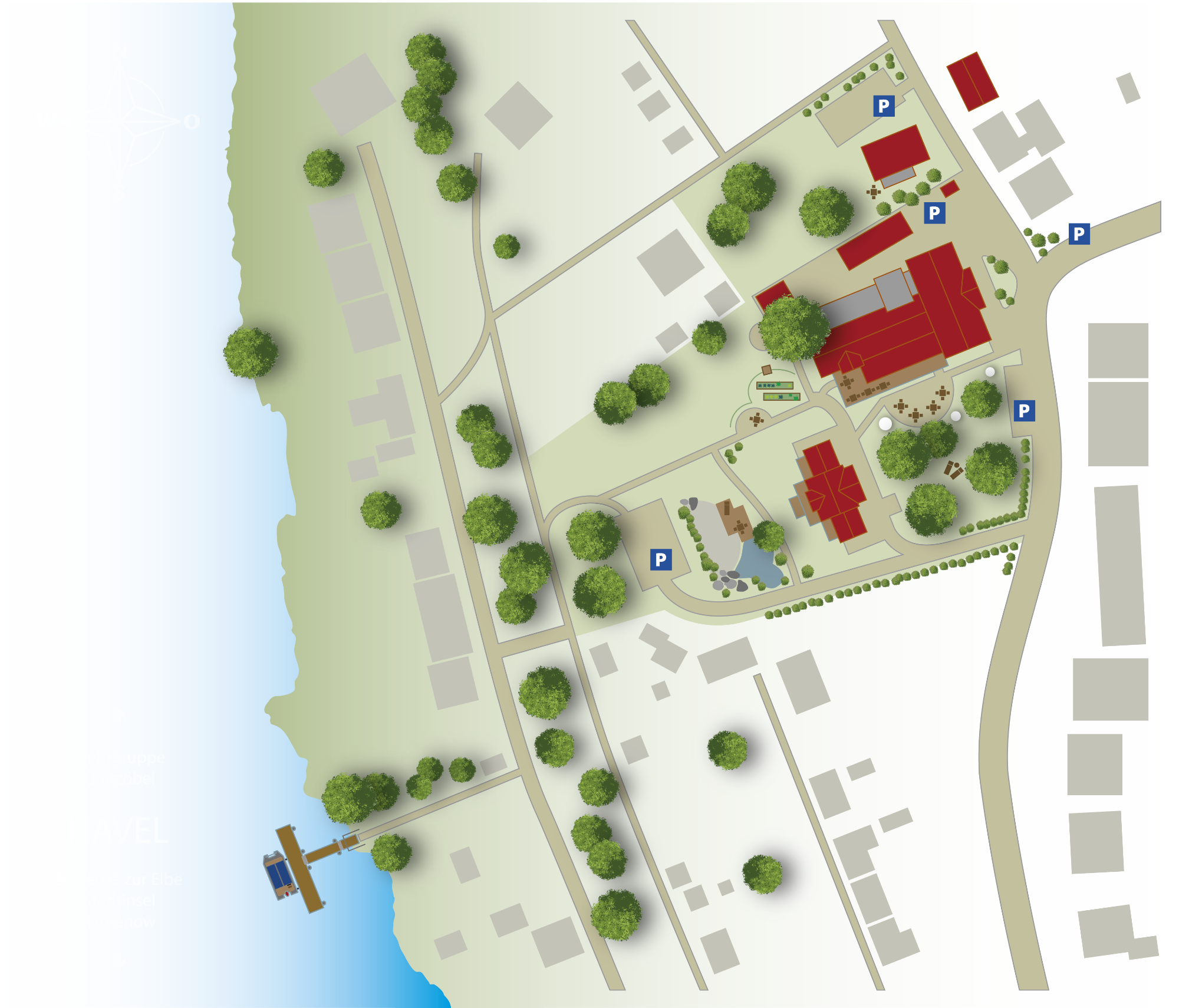 Illustrierter Lageplan des ArtHotel Kiebitzberg mit Gebäuden und Gartenanlagen